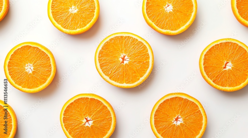 Poster freshly sliced oranges arranged in a repeating pattern on a white background.