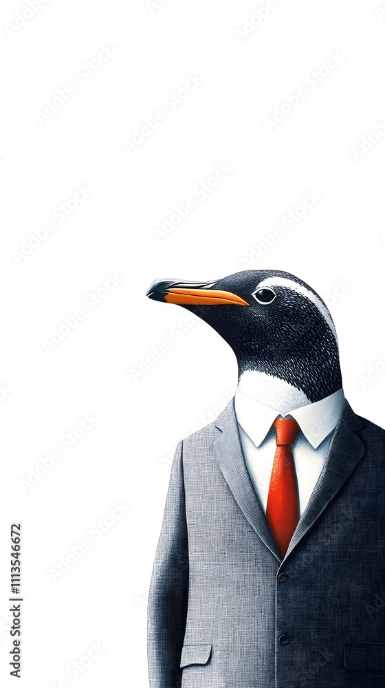 Poster a penguin in a gray office suit with a red tie, standing proudly in front of a bright white backgrou