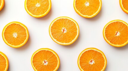 Fototapeta premium Freshly sliced oranges arranged in a repeating pattern on a white background.