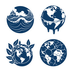 climate change environmental issue set by four circle icons rising sea levels global warming green energy natural disasters, caps level temperature ice