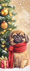 Cozy Pekingese Dog in Red Scarf Sitting