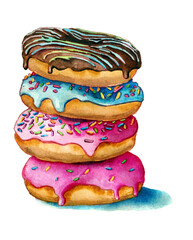 watercolor sketch of donuts on white background