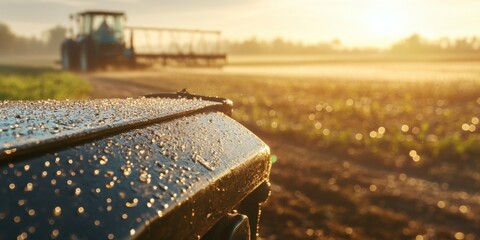 Early Morning Dew on Tractor Hood with Blurred Farming Equipment in Background Under Soft Sunrise Light on Rural Landscape