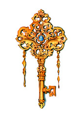 watercolor drawing of a key on white background