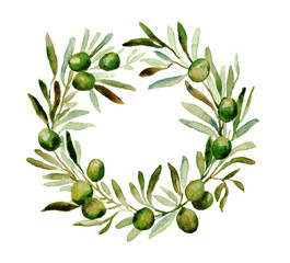 watercolor olive wreath on white background