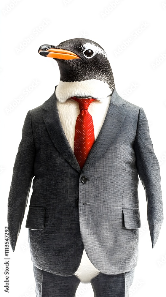 Poster a penguin in a gray office suit with a red tie, standing proudly in front of a bright white backgrou