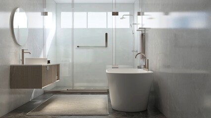 Modern, luxury bathroom with marble vanity counter, white washbasin, round mirror, glass partition to shower enclosure, bathtub, for interior design decoration, toiletries product background 3D