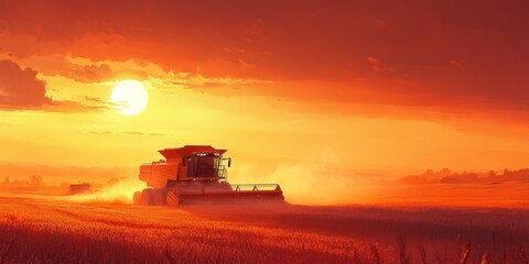 Fototapeta premium Majestic Sunset Over a Wheat Field with a Combine Harvester in Action Amidst an Orange Sky and Dust Clouds