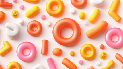 Fototapeta premium Colorful candy-like shapes creative studio digital art playful environment overhead view whimsical design for visual delight
