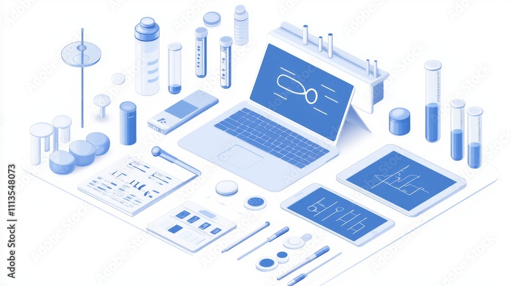 Poster isometric view of a modern, digitally enhanced laboratory workspace with various lab equipment, devi