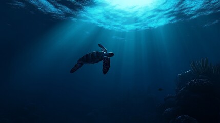 Naklejka premium Sea turtle swimming underwater in deep blue ocean with sunbeams.