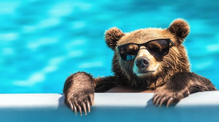 Fototapeta premium A bear wearing sunglasses is hanging out by the pool.
