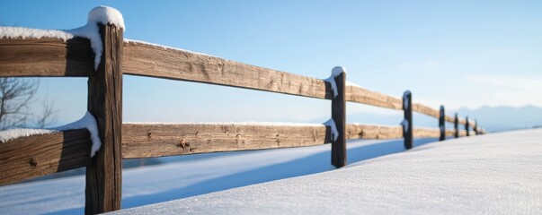Naklejka premium Wide winter banner. Snow-covered wooden fence under a clear blue sky.