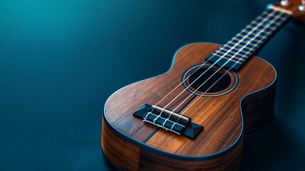 A ukulele displayed on a deep navy background