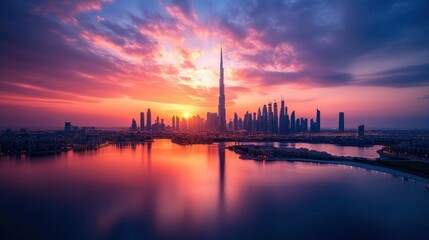 Naklejka premium Dramatic sunset views over city skylines and natural landscapes, capturing serene moments