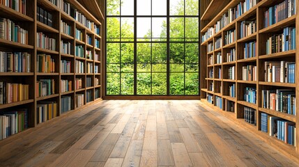 Reading experience in a modern library urban environment bookshelves and nature view inviting atmosphere