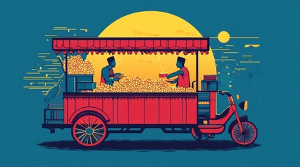 Indian bhel puri cart, modern, graphic illustration