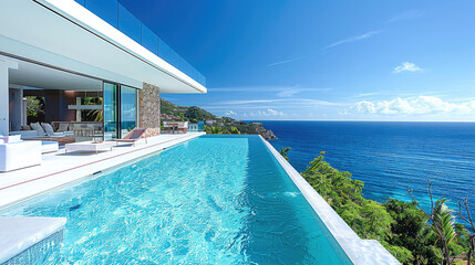 Fototapeta premium An upscale holiday villa with a minimalist design, featuring a bright open terrace, glass railing, and a crystal-clear pool with ocean view.
