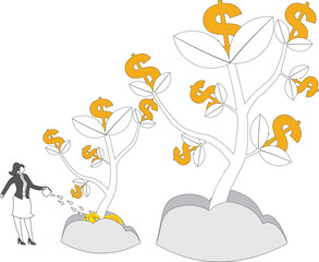 Planting Money Trees, Investments and Returns on Investments, Wealth Management, Wealth Growth or Profit Growth, Isometrics Merchants Planting and Cultivating Money Trees Togethe