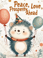 Charming New Year Illustrations with Friendly Hedgehog wearing festive outfits, holding balloons and party hats: Cute Holiday Designs for Cards, Wallpapers, T-shirts, Posters & Decor
