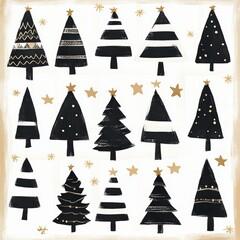 Black and gold Christmas trees illustration with festive stars, perfect for holiday decor.