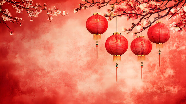 chinese new year background with lanterns and flowers



