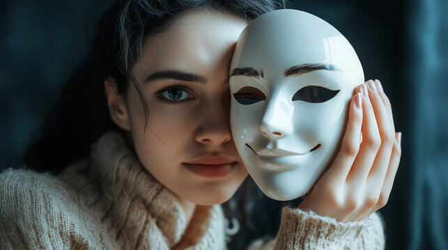 Behind the Veil: A Woman's Face Hidden by a White Mask