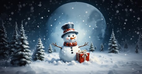 Fototapeta premium Snowman in a snowy winter day. Merry christmas and happy new year. Snowman on the snowy winter background.