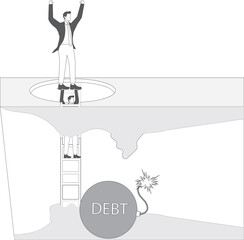 Paying off debt or loans, solving debt or financial problems, resolving financial anxiety, businessmen climbing ladders to make it out of the debt bomb successfully