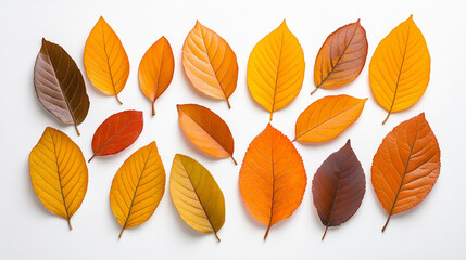 Obraz premium Autumn Flat Lay Display of Vibrant Yellow Leaves on White Surface