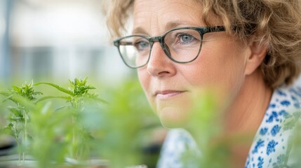 Scientist closely inspects various plant samples in a greenhouse, focusing on growth and health factors during her research work