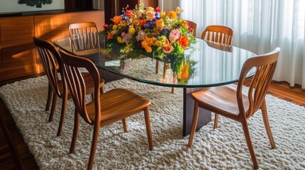 Obraz premium An elegant dining room with a glass-topped oval table