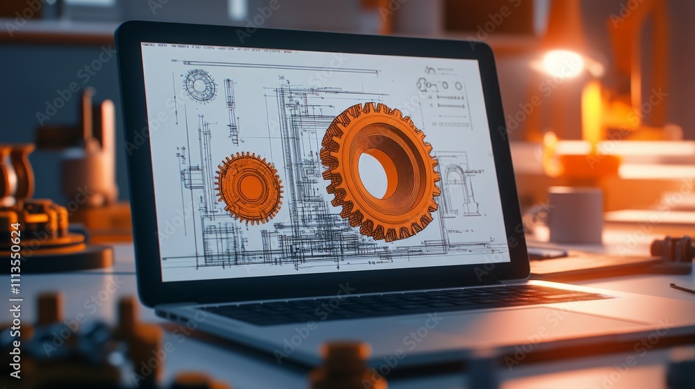 Poster laptop displaying 3d gear design blueprints in a workshop setting.