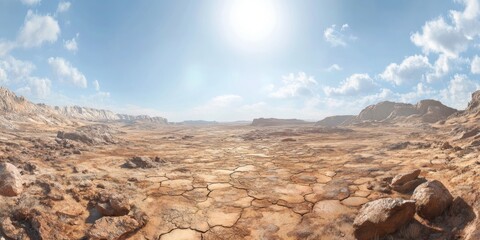 Naklejka premium Vast arid landscape with cracked earth under a bright sun, showcasing the beauty of a barren desert environment and clear blue sky with wispy clouds