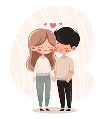Young couple in love with floating hearts around. Cartoon style lovely boy and girl characters holding hands. Valentines day romantic concept. Cute boyfriend and girlfriend. Flat vector illustration.