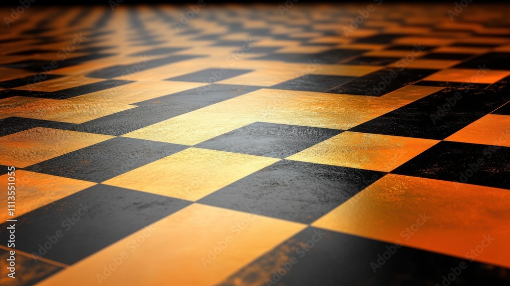 Poster abstract checkerboard pattern in black and gold tones with depth