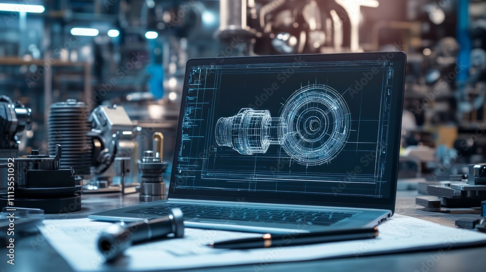 Poster laptop displaying engineering design on a workbench with mechanical parts.