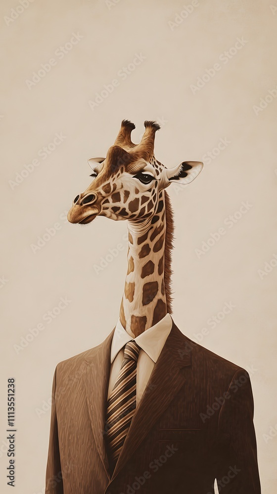 Poster a giraffe in a brown suit with a striped tie, looking upward in front of a soft beige background wit