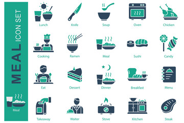 Meal icon set. solid icon style. lunch, soup, chicken, and more. meal element vector illustration