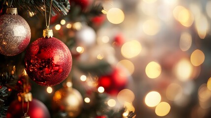 Glimmering Christmas Ornaments on a Festive Tree Close-Up