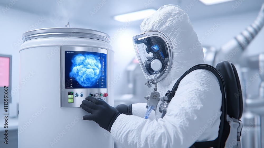 Poster scientist in hazmat suit operating advanced technology: a lone scientist in a pristine white hazmat 