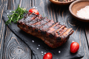 Grilled Pork ribs barbecue photography . Top view