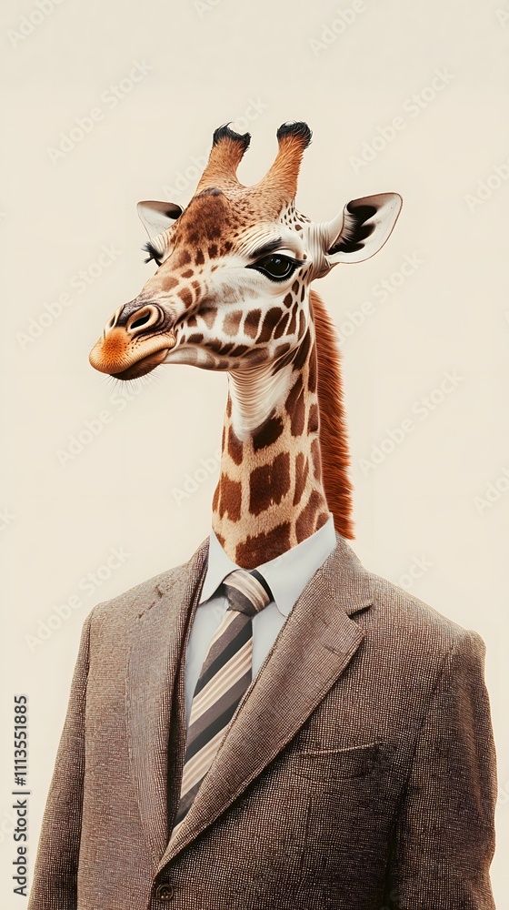 Aufkleber a giraffe in a brown suit with a striped tie, looking upward in front of a soft beige background wit