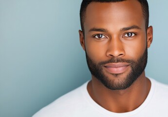 Naklejka premium Confident young man with beard poses against a blue background in natural light