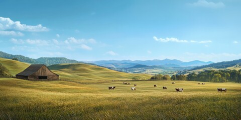 Obraz premium Serene Pastoral Landscape with Cows Grazing Near a Rustic Barn Under a Clear Blue Sky Surrounded by Rolling Hills and Lush Greenery