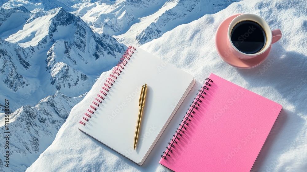 Poster coffee on desk with pink notebook and golden pen next to computer keyboard in a bright space