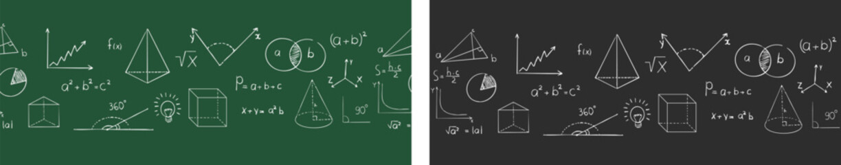 Fototapeta premium Math doodle hand drawn border, with formula, geometric shapes, chalk texture. School science lesson on blackboard background. Study seamless illustration.