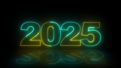 Neon glittering 2025 text on reflection festive background, Christmas and new year celebration. Text new year 2025 yellow and green neon effect