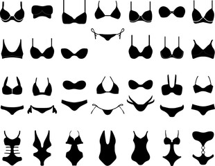 Black silhouettes of swimwears and bikinis 