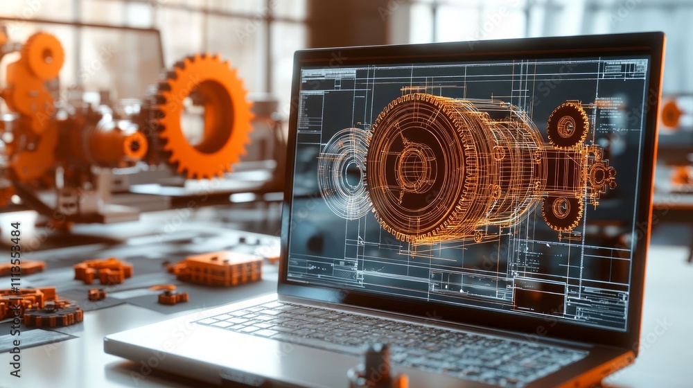 Poster laptop displaying technical engineering design of a machine.